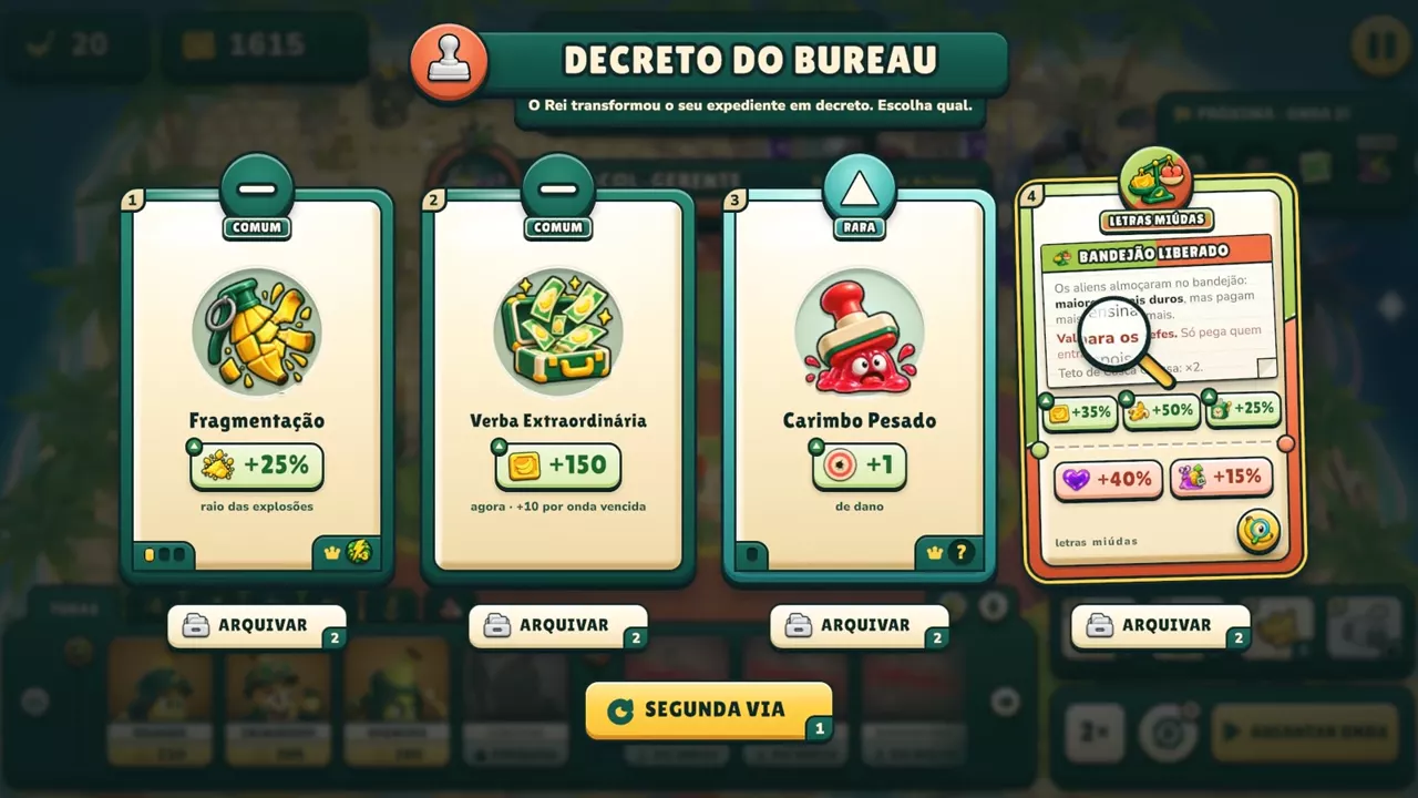 Pantalla de decretos del Buró: cuatro cartas de decreto para elegir entre oleadas, una con letra pequeña bajo la lupa